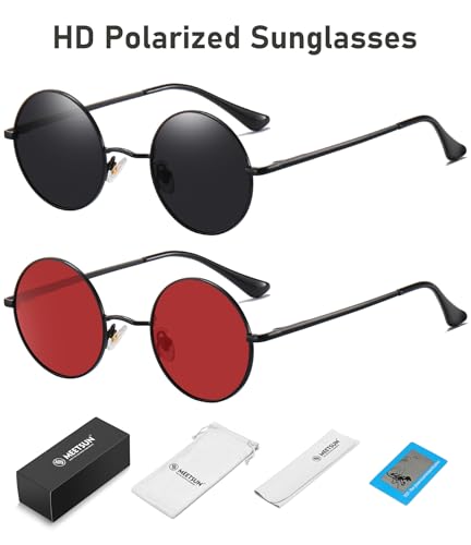 MEETSUN Small Round Polarized Sunglasses for Men Women Metal Retro Hippie Circle Sun Glasses Driving Festival Cosplay UV400 - color: Black / Grey + Black / Red