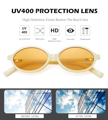 NULOOQ Retro Oval Sunglasses for Women 90s Trendy Vintage Small Round Sunnies Shades - color: C8* Beige Frame/Orange Lens