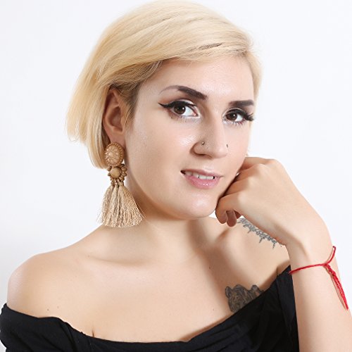 boderier Bohemian Statement Thread Tassel Chandelier Drop Dangle Earrings with Cassandra Button Stud - color: Brown