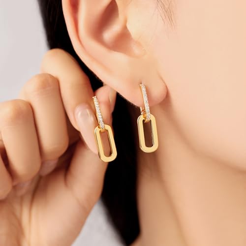 14K Gold Plated Paperclip Earrings For Women Trendy Link Huggie Hoop Earrings Silver Chain Statement Drop Dangle Earrings with Cubic Zirconia Jewelry Gifts For Her Gold - color: Gold