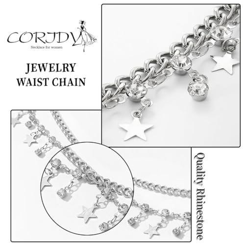 Rhinestone Waist Chains Crystal Waist Chain with Pendant Abdominal Chain Thin Minimalist Body Chain Jewelry for Women Beach Rave - style: B-Star-Sliver