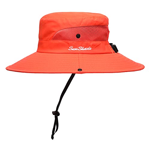 Womens Summer Sun Hat Beach Hat Wide Brim Outdoor UV Protection Hat Foldable Cool Mesh Ponytail Bucket Hat - color: Pure Orange