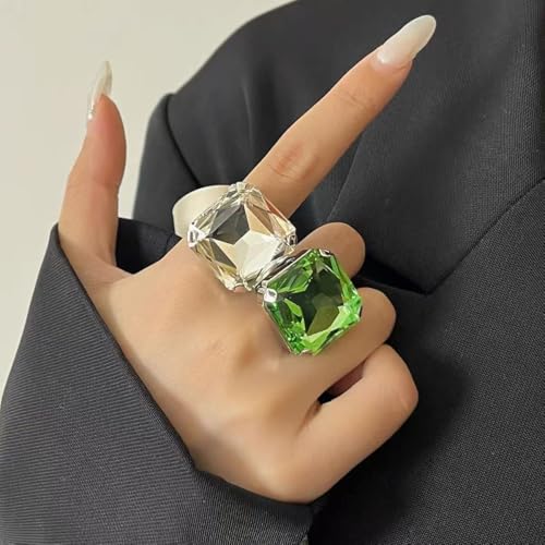Square Large Rhinestone Exaggerated Statement Ring for Women Sparkling Thick Chunky Geometric Big Crystal Stone Finger Knuckle Band Rings Open Adjustable Wedding Brides Cocktail Prom Party Jewelry - color: Green