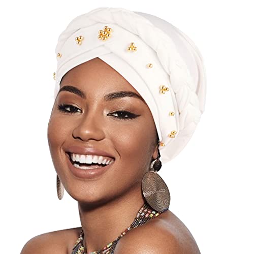African Women Turban Caps Pre-Tied Twisted Turbans Head Scarf for Women Hair Wraps Cover Beanie Cancer Chemo Headwear - color: 1 Pack Twisted Braid: Gold Bead White
