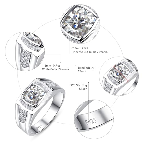 Yaresul 8 * 8mm 2.85CT 925 Sterling Silver Mens Gemstone Ring Princess Cut Created Black Onyx|Sapphire|Emerald|Ruby Mens Wedding Band Engagement Ring Pave CZ W/AAA Size 6-13 - color: Cubic Zirconia