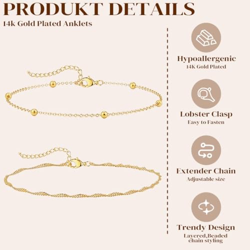 Yalice 925 Silver Ankle Bracelets Chain for Women Dainty 14K Gold Plated Waterproof Beads Anklets Layered Beach Foot Jewelry Gift - color: Gold-Twisted Link