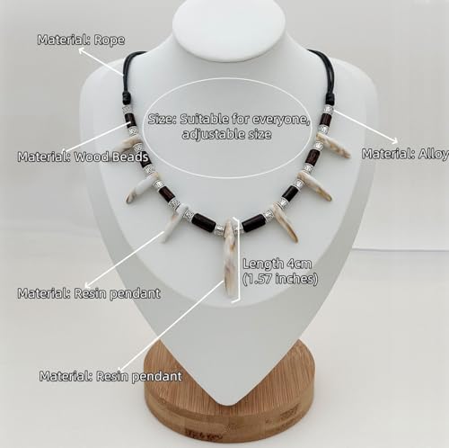 Wolf Wood Beads Tooth Necklace for Men Women Tribal Caveman Adjustable Resin Tooth Pendant Necklace
