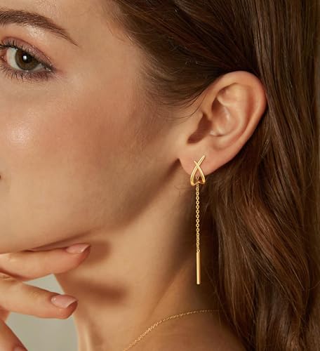 14K Gold Plated Dangle Earrings for Women Chain Dangling Long Earrings Trendy CZ/Twisted X Hoop Studs Dainty Threader Earrings Wedding Hanging Drop Dangly Minimalist Jewelry Gifts for Woman - style: 2