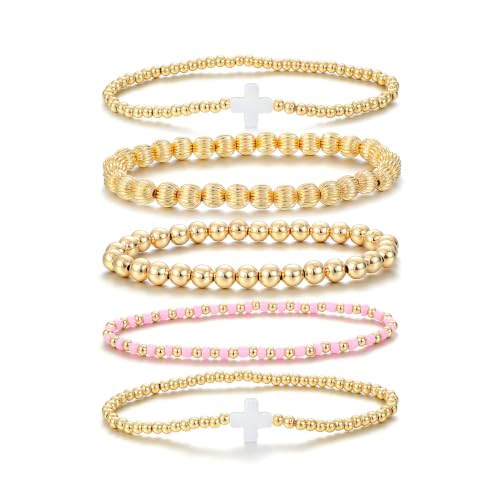 Dainty Gold Plated Pearl Crystal Beaded Bracelets Set for Women 14K Gold Plated Bead Pearl Beads Bracelet Stackable Paperclip Link Chain Bracelets Gold Plated Bracelets for Women Trendy Jewelry - color: Style4-gold bracelets set6