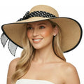 DRESHOW Beach Hats for Women Big Straw Wide Brim Summer Hat Floppy Foldable Roll up Cap Sun Hat UPF 50+ - color: 1 Pc：black Edge Khaki+white Dot Hat, 4.7" Brim