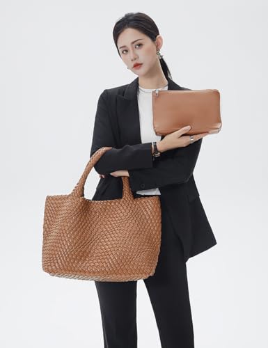 Handmade Woven Tote Bag for Women, Soft Vegan Leather Shoulder Bag with Purse, Large Travel Handbag - color: Brown