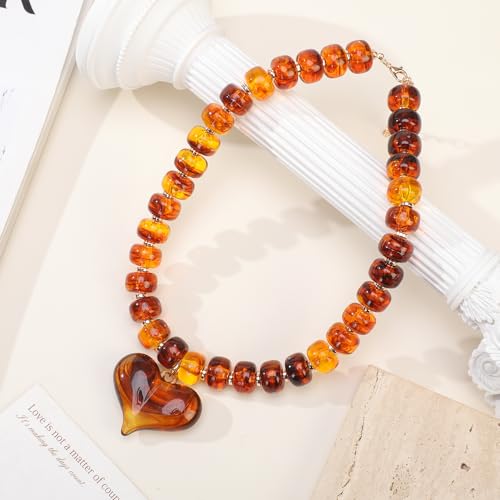 Chunky Colorful Beaded Statement Boho Summer Beach Chokers Necklace Heart Pendant Pink Green Yellow Brown Fashion Jewelry - color: Gold-brown4