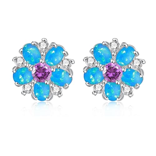 CiNily Flower Earrings,Opal Stud Earrings Sterling Silver or White Gold/Rose Gold Plated Ladies Flower Stud Earrings Cute Unique Earrings for Girls - color: Blue Opal