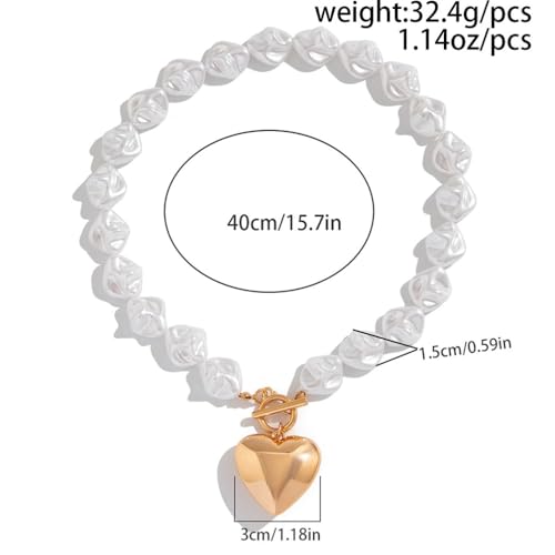 Statement Chunky Gold Heart Pendant Necklace for Women Trendy Boho Baroque Pearl Chain Choker Big Silver Love OT Buckle Necklaces Party Prom Jewelry Gift - color: Gold