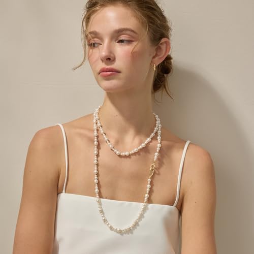 ARSIS 18K Gold Plated Shell Pearl Necklace for Women, 35"/45" Long Dainty Pearl Layering Necklace Beaded Choker, Vintage Boho Strand Necklace Vacation Jewelry Gift for Birthday Anniversary Party - color: 115cm Gold Pearl