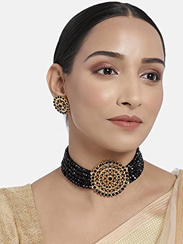 Aheli Pearl Diamond Choker Necklace & Round Earrings Gift for Women Indian Traditional Bollywood Fashion Bharatanatyam jewellery set - color: Black 2
