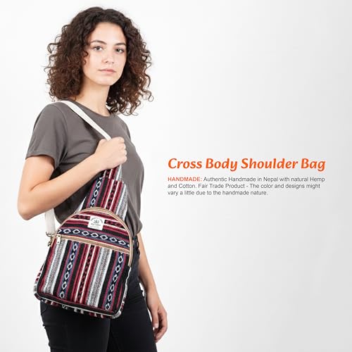 Marubhumi Hemp Small Backpack Cross Body Shoulder Himalayan Bag Adjustable Strap Men and Women Sling Bag Lightweight Daypack