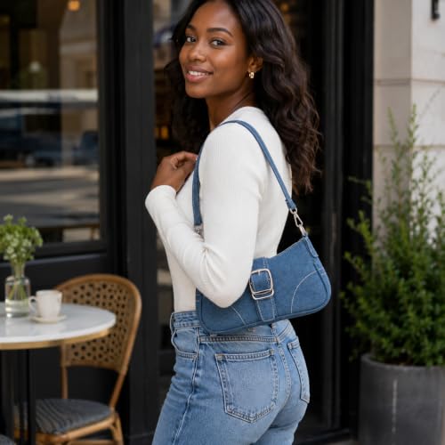 QZUnique Women Denim Mini Bucket Bag Crossbody Purse Shoulder Handbag Drawstring Quilted Tassel Barrel Shape Satchel Tote Bag - color: Hobo Blue