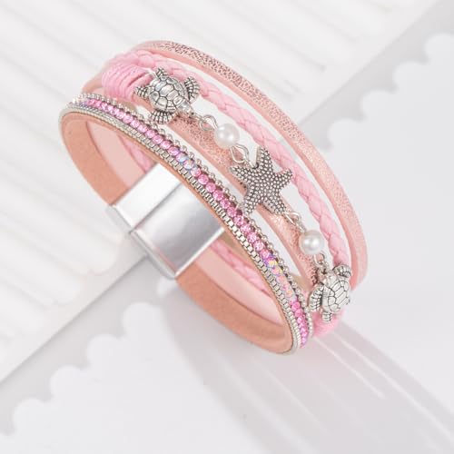 FANCY SHINY Turtle Starfish Leather Wrap Bracelet Boho Rhinestone Pearl Cuff Bracelets for Women Summer Beach Jewelry for Women - color: Pink