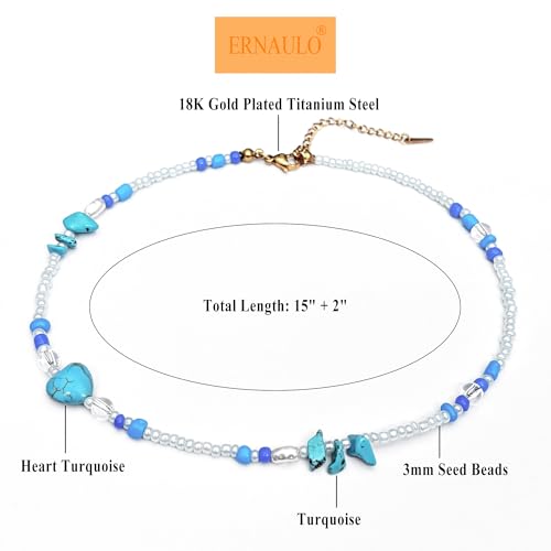 Beaded Necklaces for Women Summer Beach Beaded Necklace Bead Choker Boho Necklaces for Women Handmade Summer Jewelry Stainless Steel 18K Gold Plated - color: Turquoise