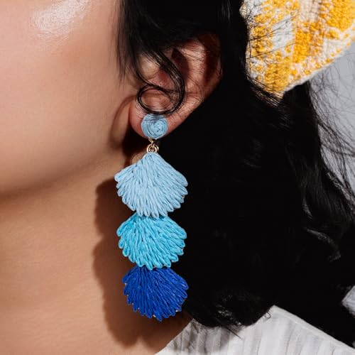 Boho Raffia Earrings Starfish Shell Seashell Dangle Drop Earrings Cute Statemnet Trendy Jewelry Summer Beach Outfits for Women - color: Blue, size: Shell