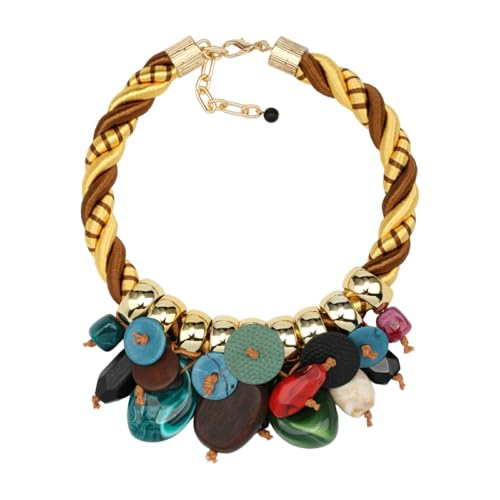 Chunky Statement Wood Pendant Necklace for Women Rope Braided Colorful Resin Stone Tribal Ethnic Bold Boho Fashion Jewelry - color: N1539-colorful