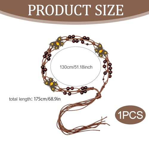 Boho Flower Wooden Bead Waist Belt, Vintage Woven Body Chain, Adjustable Cord Jewelry for Jeans Dress & Beach Wear - color: Yellow