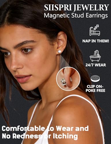 SIISPRI Magnetic Stud Earrings for Women Men Clip on Stud Earring Hypoallergenic Fake Earring Unisex Non Piercing CZ Halo Studs Diamond Earrings,Men's Aretes de lman - color: Black Gold Silver (Round CZ Square CZ)