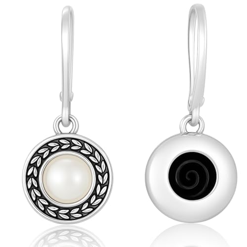 Savma Handmade 925 Sterling Silver Leverback Earrings for Women, Vintage Celtic Round Crystal Dangle Drop Earrings, Lightweight Boho Hypoallergenic Jewelry Gift - color: Pearl White Stone