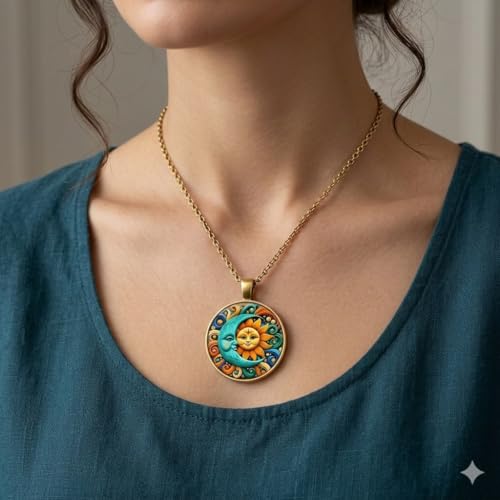 1pc Stunning Round Pendant Necklace - Unique Sun & Moon Pattern, Oil Painting Style Glass Mosaic, Alloy Construction, Trendy Sweater Chain, Fashionable Gift for Women - Christmas or Birthday Gift - color: Orange Sun/Blue Moon (Bronze)