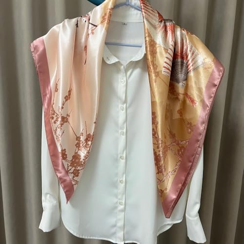 Julunar Silk Like Head Scarf for Women - Satin Large Hair Scarves - 35" Square Silk Hair Wrap for Sleeping with Gift Packed - color: A000-4 Folding Fans Pink