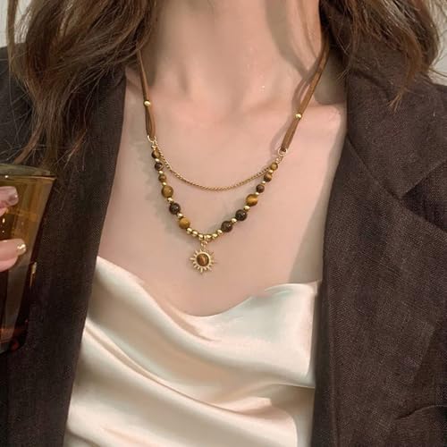 MYANAIL Tigers Eye Stone Sun Pendant Layered Necklaces for Women 14K Gold Maillard Tiger's Eye Beaded Choker Necklace Jewelry Accessory Spiritual Healing Stone Stacked Chain Necklaces - color: Brown