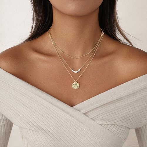 Layered Gold Necklace for Women Trendy 14K Gold Plated Heart CZ Pendant Layered Gold Necklaces Set Coin Choker Necklaces Simple Circle Cubic Zirconia Pearl Necklace Stack Herringbone Paperclip Chain Jewelry Set - style: 3PCS-Zircon round pendant-GD
