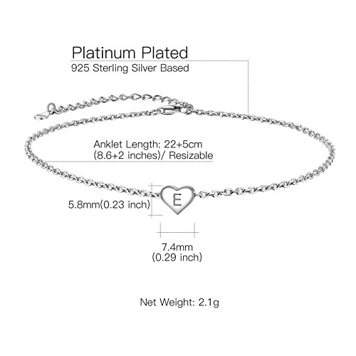 Suplight 925 Sterling Silver Initial Heart Anklets for Women Dainty Ankle Bracelets Letter Anklet Adjustable Plus Size Foot Chain Summer Beach Boho Jewelry - color: E