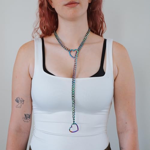 Heart O-ring Slip Chain Necklace For Women, Handmade Punk Gothic Cuban Necklace Jewelry Adjustable Lariat Y-Necklace - color: Rainbow, size: 34"