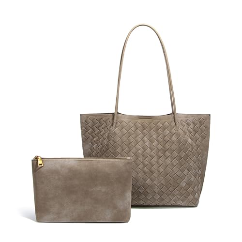 Women's Luxury Handmade Woven Tote Bag, Beach Bag Set, Elegant Age Reducing Travel Commuter Bag Set - color: Frosted Material 17# Taupe