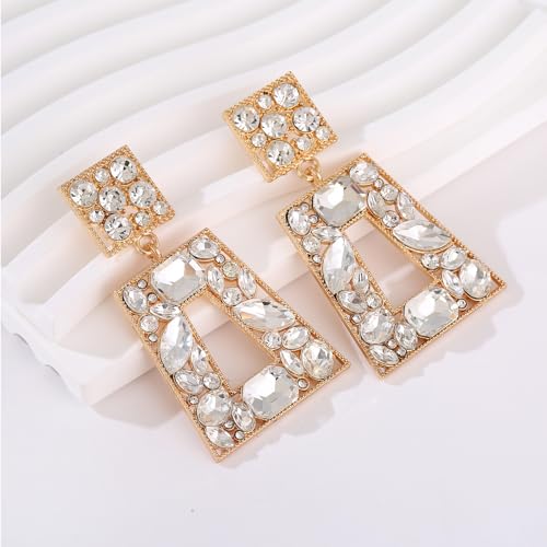 Rhinestone Rectangle Statement Earrings Colorful Crystal Geometric Drop Dangle Earrings for Women Prom Party - color: Clear