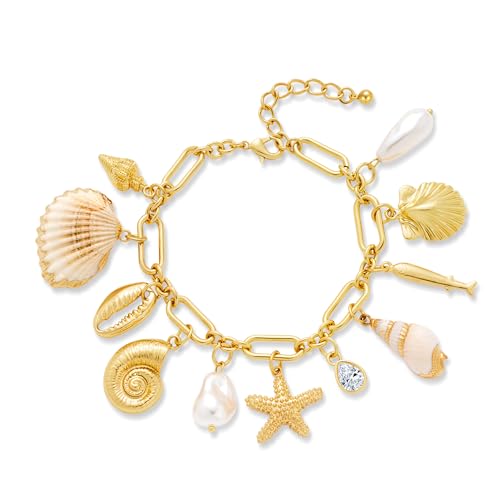 Gold Charm Bracelet for Women Boho Adjustable Shell Starfish Bracelet Summer Beach Ocean Statement Bracelets - color: Chunky charms bracelet