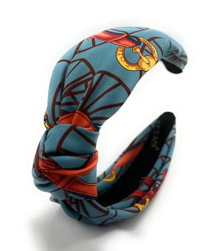 Knotted Headband for Women, Colorful Satin Fabric with a Soft Silk Feel, Adjustable Girls Headbands Year-round Vintage-Looking, Sky Blue Chain Belt, Baroque Pattern Top Knot Head bands - color: Blue