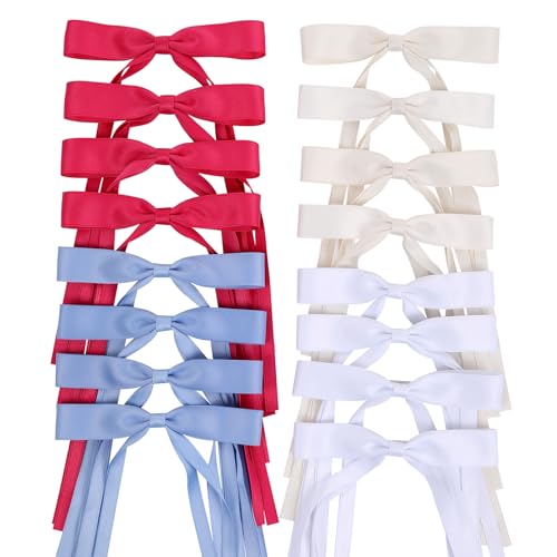 WORTL Hair Bows Clips Coquette Ribbon Bowknot with Long Tail Princess Hair Bows French Barrettes Hair Accessories for Women Girls 16PCS (Rose red, Cream,White, Blue) - color: Rose red,white， Cream, Blue