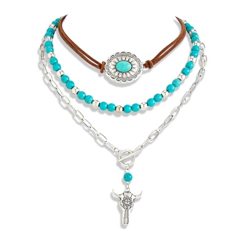 Western Necklaces Boho Turquoise Cross Necklace Set Navajo Pearl Beaded Layered Choker Cowgirl Christian Western Jewelry for Women - color: Style-C