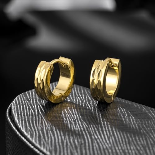 Stainless Steel Hoop Earrings for Women Gold Tone Geometric, Huggie Heart Twisted Minimalist Engraved Designs for Daily Wear - color: Gold04_13mm*14mm
