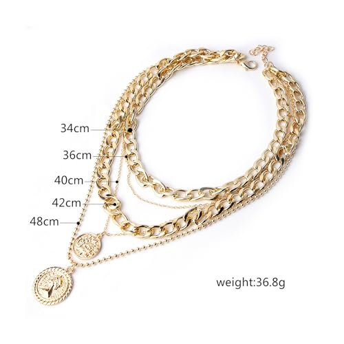 Gold Stack Necklace Chunky Necklaces for Women Trendy Coin Pendant Long Necklaces Western Jewelry for Women Cowgirl Cowboy Chic Country Outfit Boho Accessories Birthday Jewelry Gifts - color: F Gold Layered Chunky Necklaces