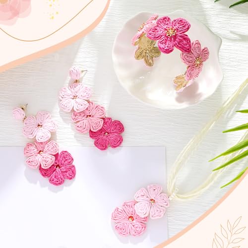 Tondiamo 3 Pcs Raffia Jewelry Set for Women Boho Daisy Flower Necklace, Open Cuff Bracelet, Earrings, Gift for Mom - color: Pink