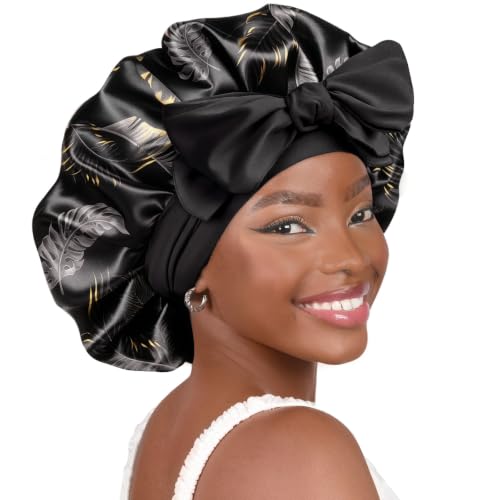 YANIBEST Adjustable Satin Bonnet for Sleeping Women Double Layer Hair Wrap Reduce Friction Prevent Frizz Natural Curly Hair - color: Blackgold Leaf