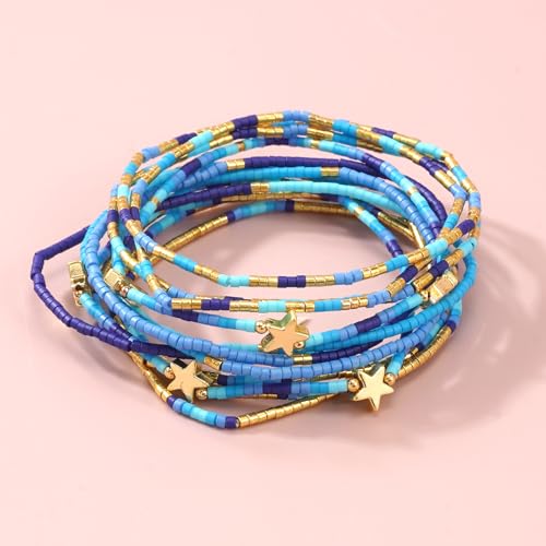 Dainty Gold Beaded Star Bracelets Stack for Women,Handmade Boho Colorful Beads Bracelet Fashion Prom Holiday Jewelry Gift Friendship Family - color: Blue
