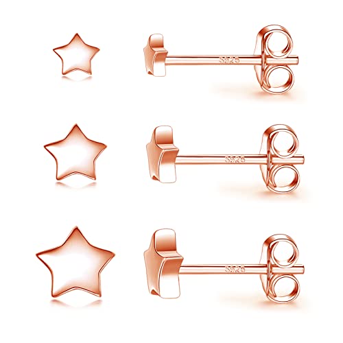 3 Pairs 925 Sterling Silver Star Stud Earrings for Women,Tiny Simple Geometric Stud Earrings Set Small Hypoallergenic Cartilage Tragus Ear Jewellery for Men (3/4/5mm) - color: 10 Rose Gold-3Pairs-3/4/5mm