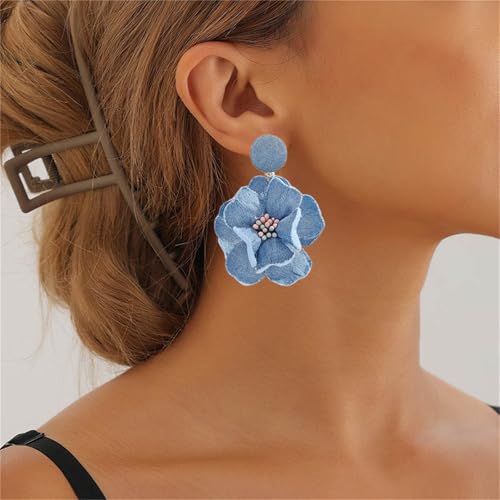 coadipress Boho Denim Camellia Flower Dangle Earrings for Women Exaggerated Big Layered Tiered Blossom Floral Drop Long Earring Chic Statement Earrings Wedding Bridal Jewelry Gifts - style: Flower Core Light Blue