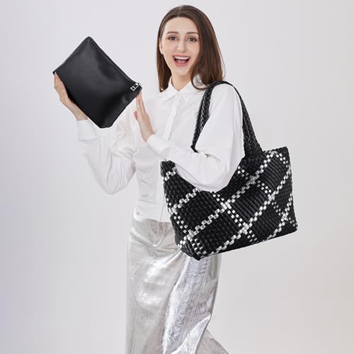 Woven Tote Bag Womens Purse Vegan Leather Shoulder Handbags Fashion Summer Beach Tote Bags Large Travel Totes - color: Black-s