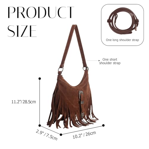 Fringe Hobo Purse for Women,Western Small Fringed Shoulder Bag Vegan Suede Hippie Crossbody Bag with Tassel - color: Coffee
